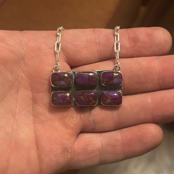 STERLING SILVER NATIVE AMERICAN SW PURPLE MOJAVE TURQUOISE BAR NECKLACE .925 - Picture 4 of 10